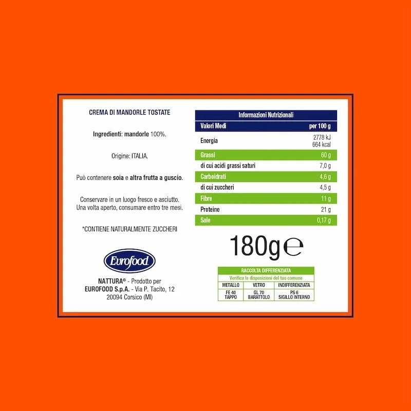 Nattura Protein Sport Crema 100% Mandorle 180 g