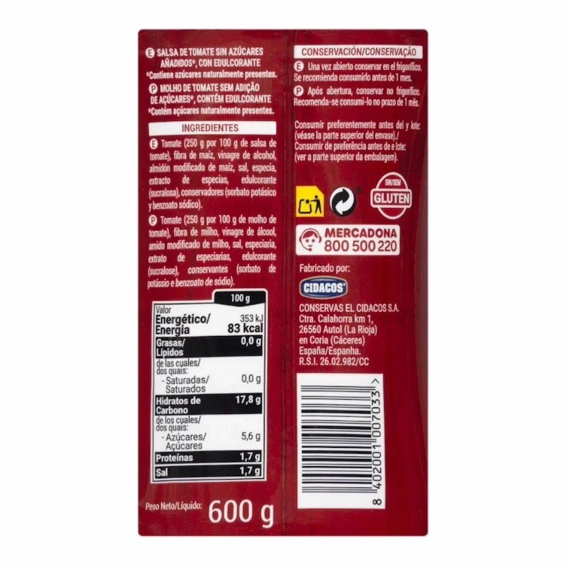 Ketchup Sans Sucre Hacendado 600g