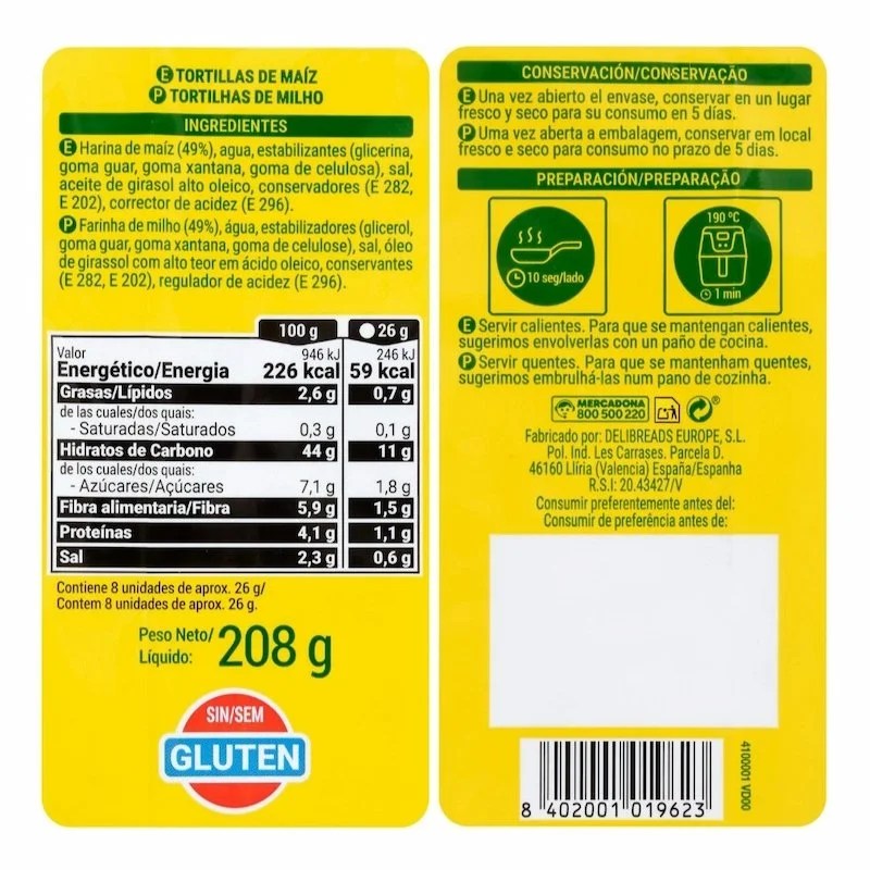 Tortillas de mais sans gluten HACENDADO 8 pièce