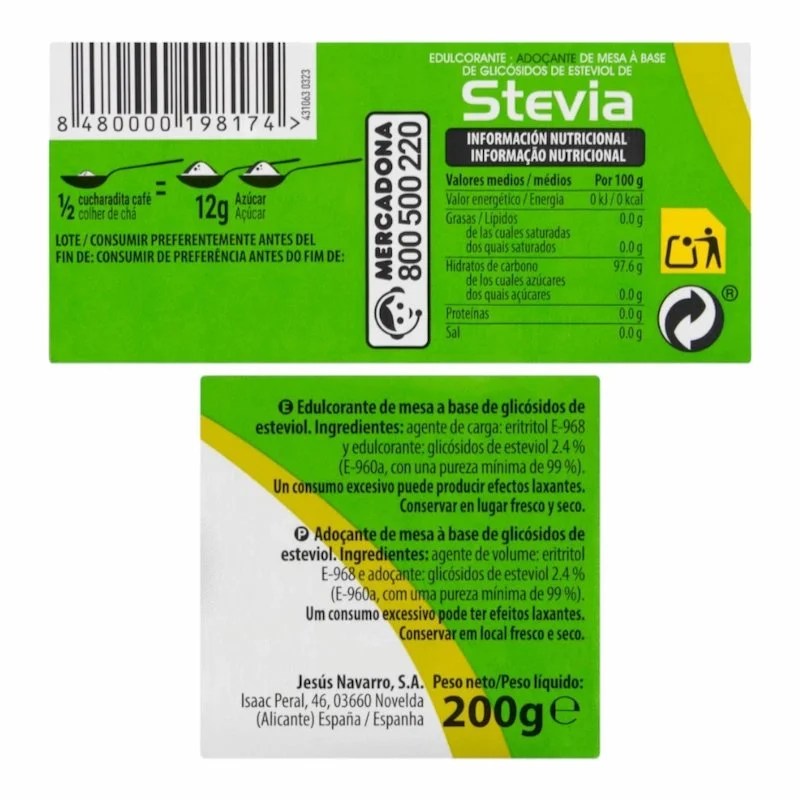 Stevia Édulcorant en Granulés Hacendado 200g