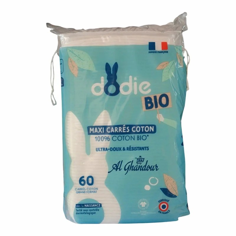 Dodie Maxi Carrés Coton 3en1 Siège, Visage, Mains – 100% Coton Bio – 60 unités