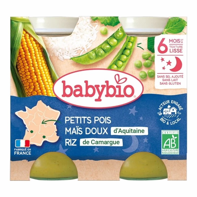 Babybio – Petits Pots Bonne Nuit Petits Pois Maïs Riz – 2×200g