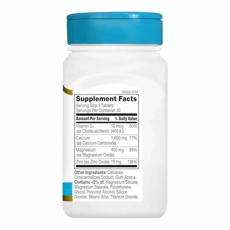 Calcium Magnesium Zinc + Vitamine D3 – 21st Century – 90 Comprimés – Santé des Os et Immunité