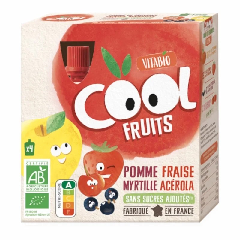 Vitabio Compote Cool Fruits Pomme Fraise Myrtille Acérola – Boîte de 4 Gourdes