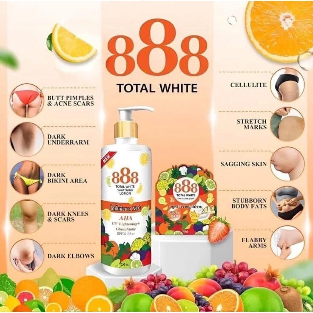 888 Total White Whitening Lotion 250 ml – Lait Eclaircissant et Hydratant pour une Peau Lumineuse
