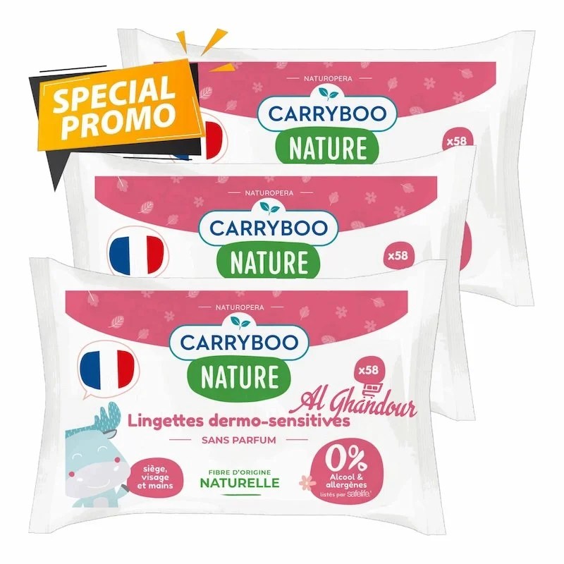 Carryboo Lingettes Dermo-Sensitives Sans Parfum – Lot de 3×58 Lingettes bébé ultra-douces pour peau sensible