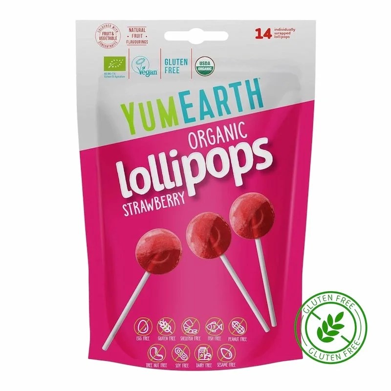 Yum Earth 14 Sucettes Pops Fraise  87 g – Bonbons Naturels et Sans Gluten