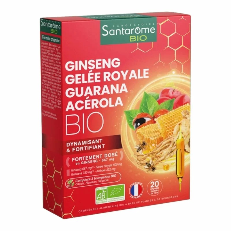 Santarome Bio Ginseng Gelee Royale Guarana Acerola – 20 Ampoules 10 ml Énergie & Immunité