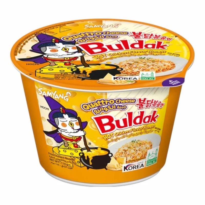 Samyang Buldak Ramen Cup Quatro Cheese – 110 g – Nouilles Instantanées Épicées au Fromage