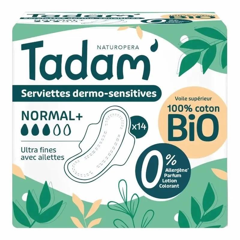 TADAM Serviettes Dermo Sensitives Normal+ Coton Bio Ultra Fines avec Ailettes – 14 unités My Store