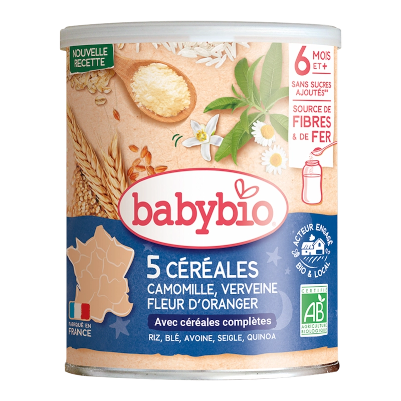Babybio 5 Cereales Verveine Fleur dOranger Camomille – 220 g | Céréales Bio dès 6 mois