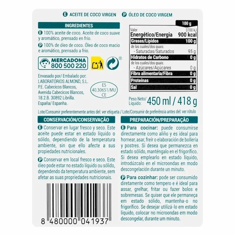 Huile de Coco Hacendado 450ml