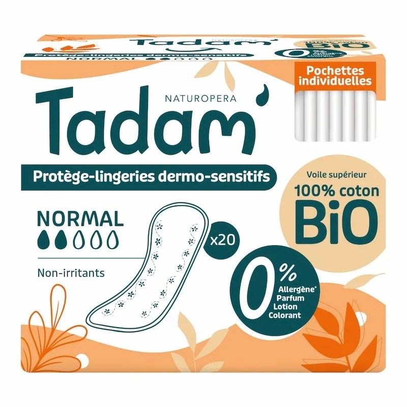 TADAM Serviettes Dermo Sensitives Normal 20 pcs – Coton Bio, Protection Douce et Non Irritante